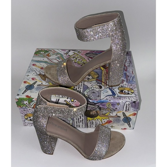 JEFFREY CAMPBELL Sandals Lindsay RHINESTONE SILVER Block HEELS ANKLE STRAP 8 - Picture 1 of 10